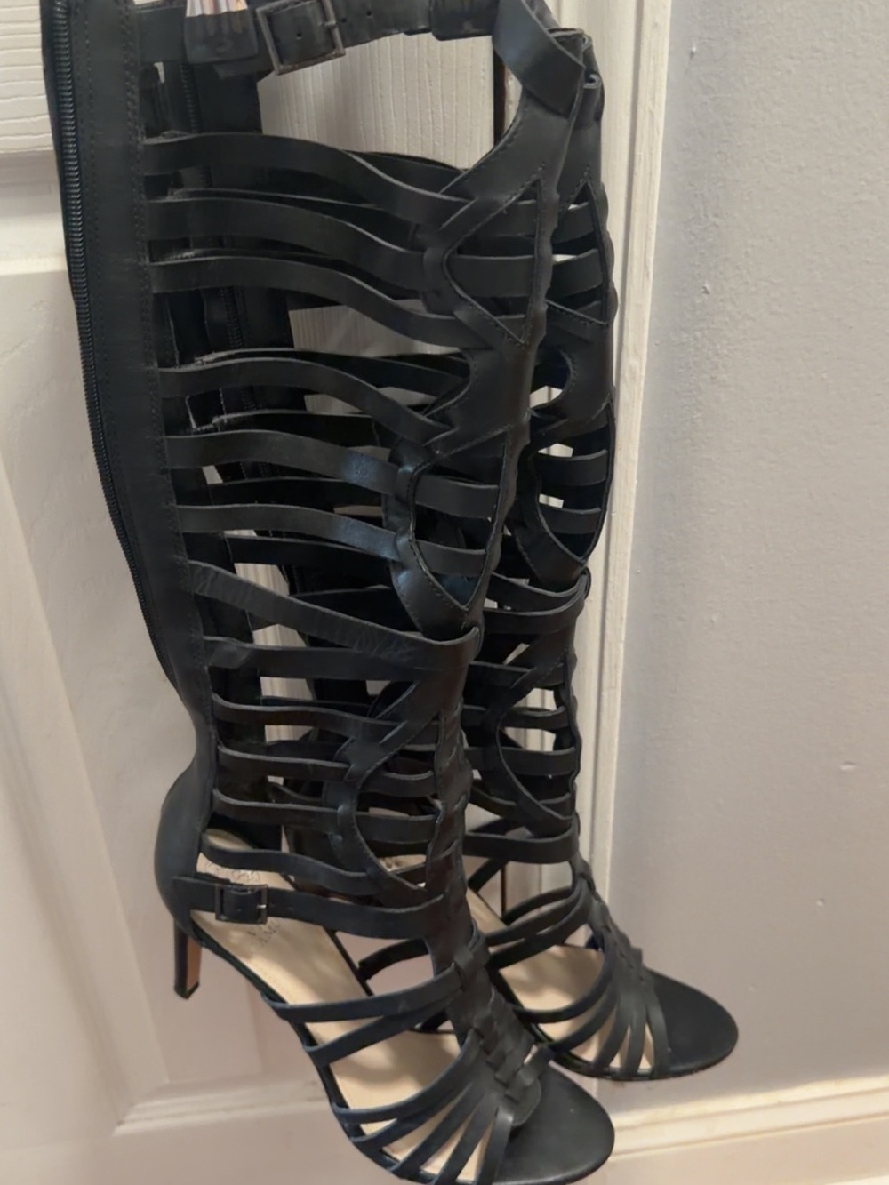 Vince Camuto Black Strappy Gladiator Knee-High Heeled Boots